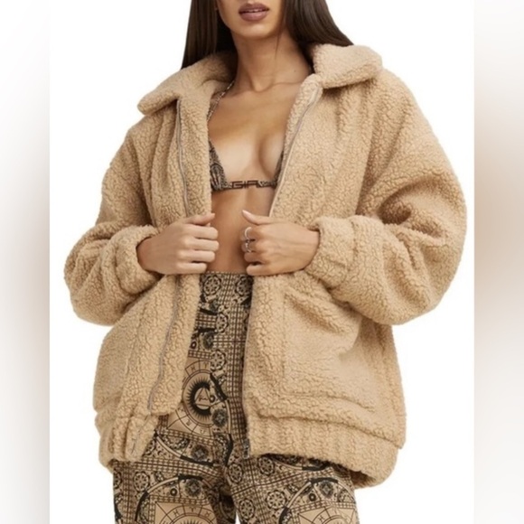 I AM GIA Sz XS Oversized Sherpa Teddy Tan Colourway Patch Pockets Jacket Coat - Picture 1 of 12